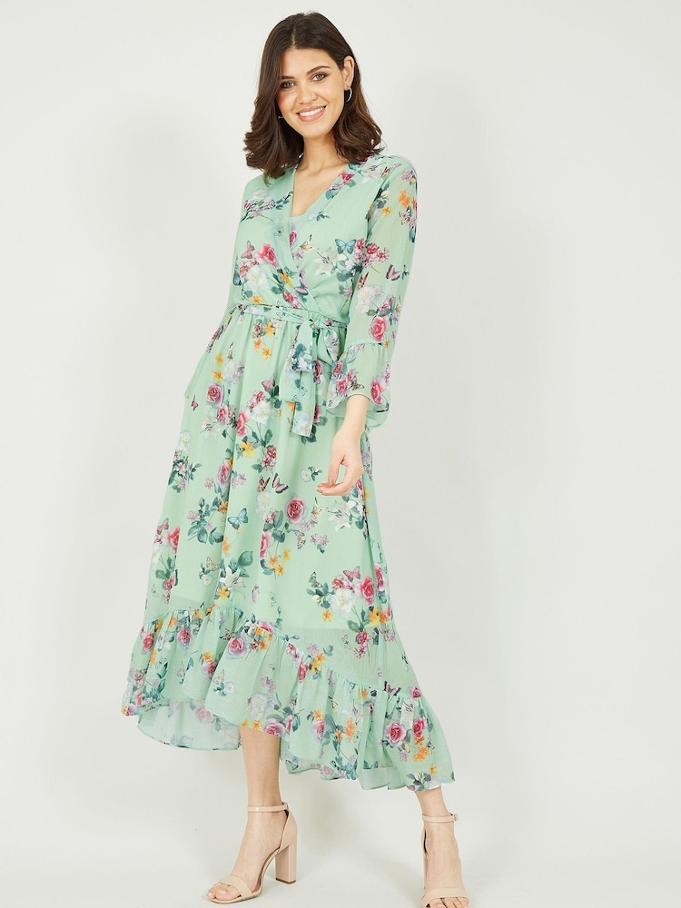 Yumi Green Floral Wrap V-Neck Dress - Image 1 of 4