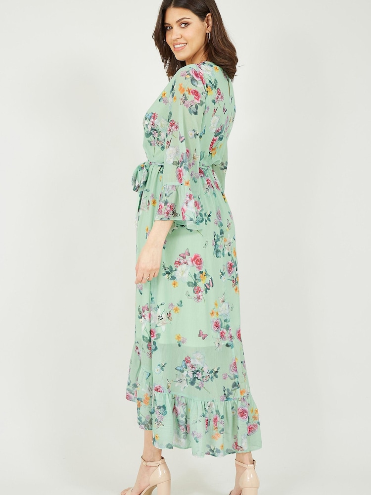Yumi Green Floral Wrap V-Neck Dress - Image 2 of 4