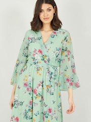 Yumi Green Floral Wrap V-Neck Dress - Image 3 of 4