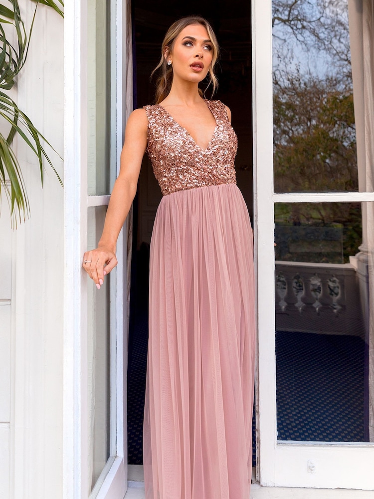 Sistaglam Rose Gold Petite V Neck Maxi Dress With Sequin Top - Image 1 of 4 Sistaglam Rose Gold Petite V Neck Maxi Dress With Sequin Top - Image 1 of 4