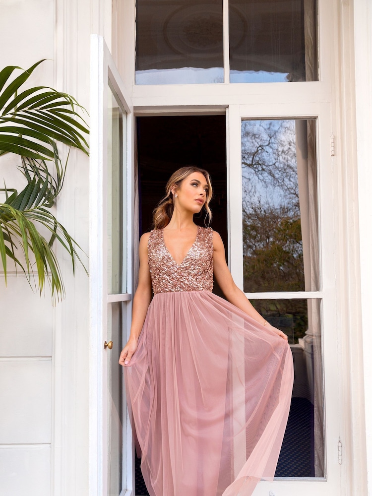 Sistaglam Rose Gold Petite V Neck Maxi Dress With Sequin Top - Image 4 of 4