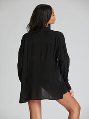 South Beach Black Crinkle Vicose Button Down Beach Shirt - Image 2 of 5