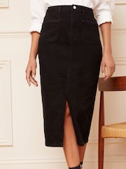 Love & Roses Black Braided Pocket Denim Midi Skirt - Image 1 of 4