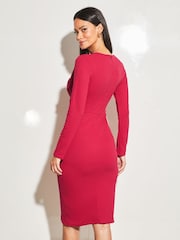Lipsy Berry Red Long Sleeve Wrap Gathered Waist Midi Dress - Image 2 of 4