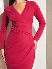 Lipsy Berry Red Long Sleeve Wrap Gathered Waist Midi Dress - Image 4 of 4