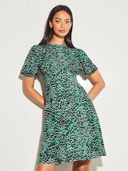 Lipsy Green Animal Jersey Underbust Puff Sleeve Mini Dress - Image 1 of 4