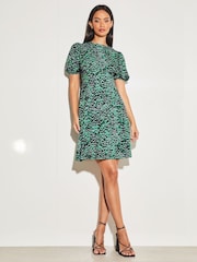 Lipsy Green Animal Jersey Underbust Puff Sleeve Mini Dress - Image 3 of 4