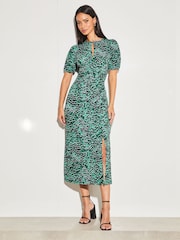 Lipsy Green Animal Jersey Short Sleeve Keyhole Ruched Midi Dress - Image 1 of 4