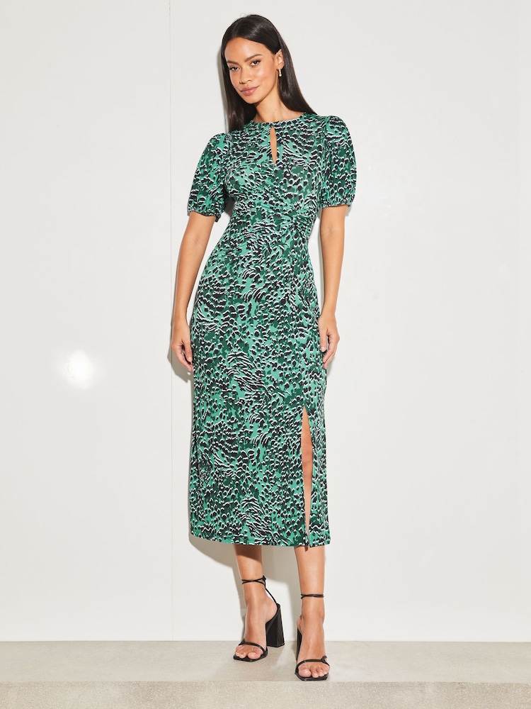 Lipsy Green Animal Jersey Short Sleeve Keyhole Ruched Midi Dress - Image 1 of 4