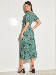 Lipsy Green Animal Jersey Short Sleeve Keyhole Ruched Midi Dress - Image 2 of 4
