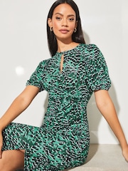 Lipsy Green Animal Jersey Short Sleeve Keyhole Ruched Midi Dress - Image 3 of 4