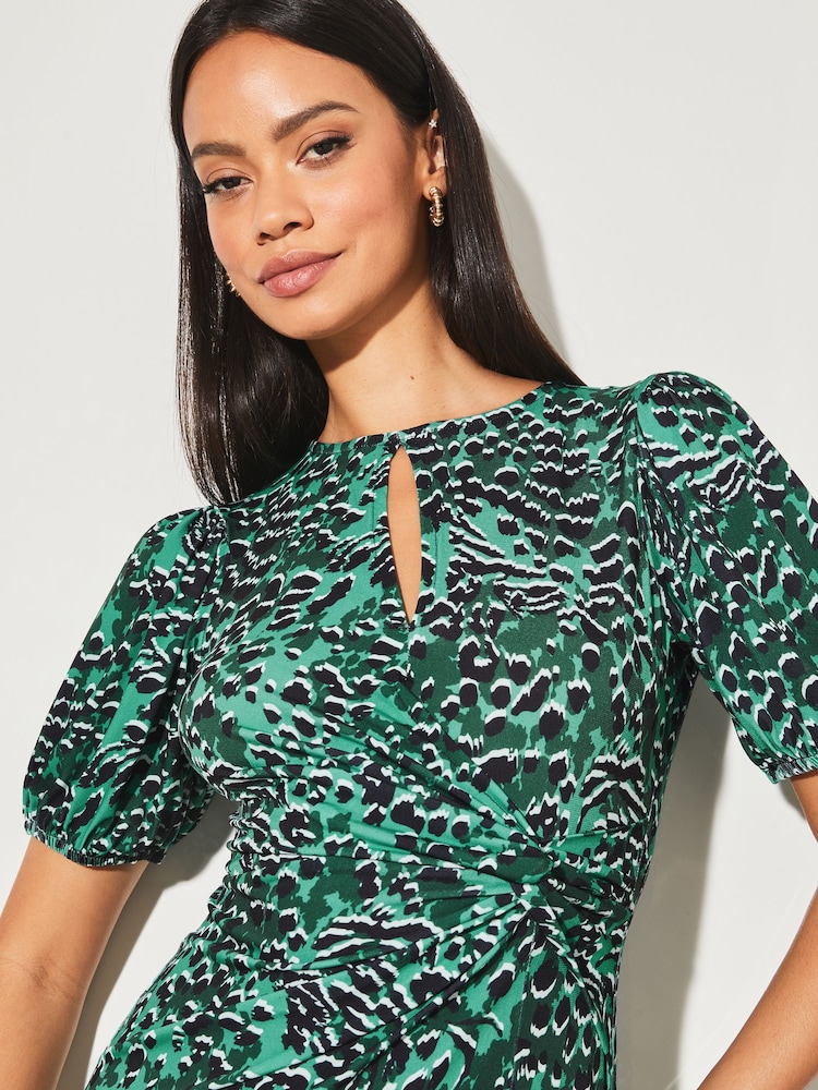Lipsy Green Animal Jersey Short Sleeve Keyhole Ruched Midi Dress - Image 4 of 4 Lipsy Green Animal Jersey Short Sleeve Keyhole Ruched Midi Dress - Image 4 of 4