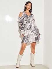 Lipsy Black/White Cold Shoulder Long Sleeve Ruffle Mini Dress - Image 1 of 4