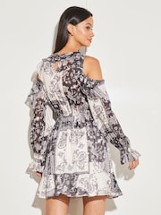 Lipsy Black/White Cold Shoulder Long Sleeve Ruffle Mini Dress - Image 2 of 4