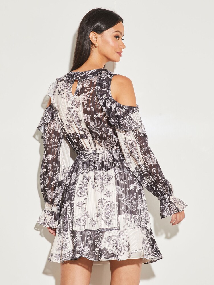 Lipsy Black/White Cold Shoulder Long Sleeve Ruffle Mini Dress - Image 2 of 4