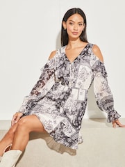 Lipsy Black/White Cold Shoulder Long Sleeve Ruffle Mini Dress - Image 3 of 4