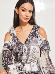 Lipsy Black/White Cold Shoulder Long Sleeve Ruffle Mini Dress - Image 4 of 4