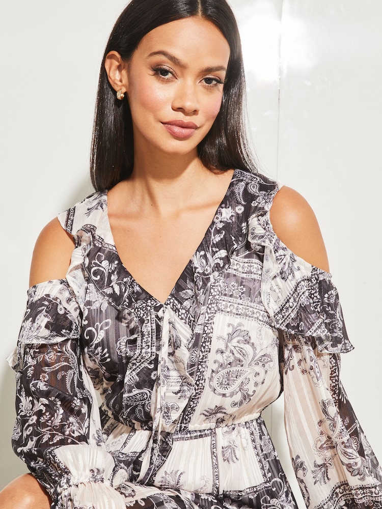 Lipsy Black/White Cold Shoulder Long Sleeve Ruffle Mini Dress - Image 4 of 4