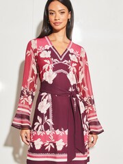 Lipsy Pink Printed Long Sleeve V Neck Belted Shift Dress - Image 1 of 4