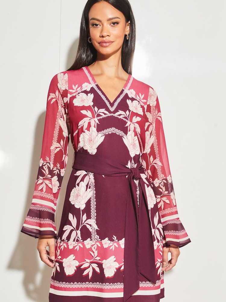 Lipsy Pink Printed Long Sleeve V Neck Belted Shift Dress - Image 1 of 4