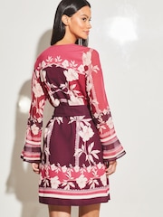 Lipsy Pink Printed Long Sleeve V Neck Belted Shift Dress - Image 2 of 4