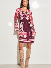 Lipsy Pink Printed Long Sleeve V Neck Belted Shift Dress - Image 3 of 4