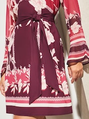 Lipsy Pink Printed Long Sleeve V Neck Belted Shift Dress - Image 4 of 4