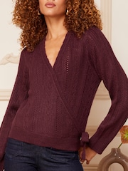Love & Roses Berry Red Pointelle Scallop Knitted Wrap Jumper - Image 2 of 4