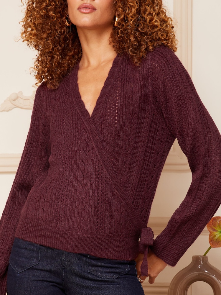 Love & Roses Berry Red Pointelle Scallop Knitted Wrap Jumper - Image 2 of 4
