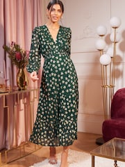 Love & Roses Green Star Metallic V Neck Ruffle Long Sleeve Midi Summer Dress - Image 1 of 4
