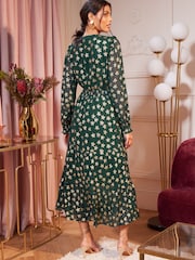Love & Roses Green Star Metallic V Neck Ruffle Long Sleeve Midi Summer Dress - Image 2 of 4