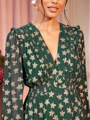 Love & Roses Green Star Metallic V Neck Ruffle Long Sleeve Midi Summer Dress - Image 3 of 4