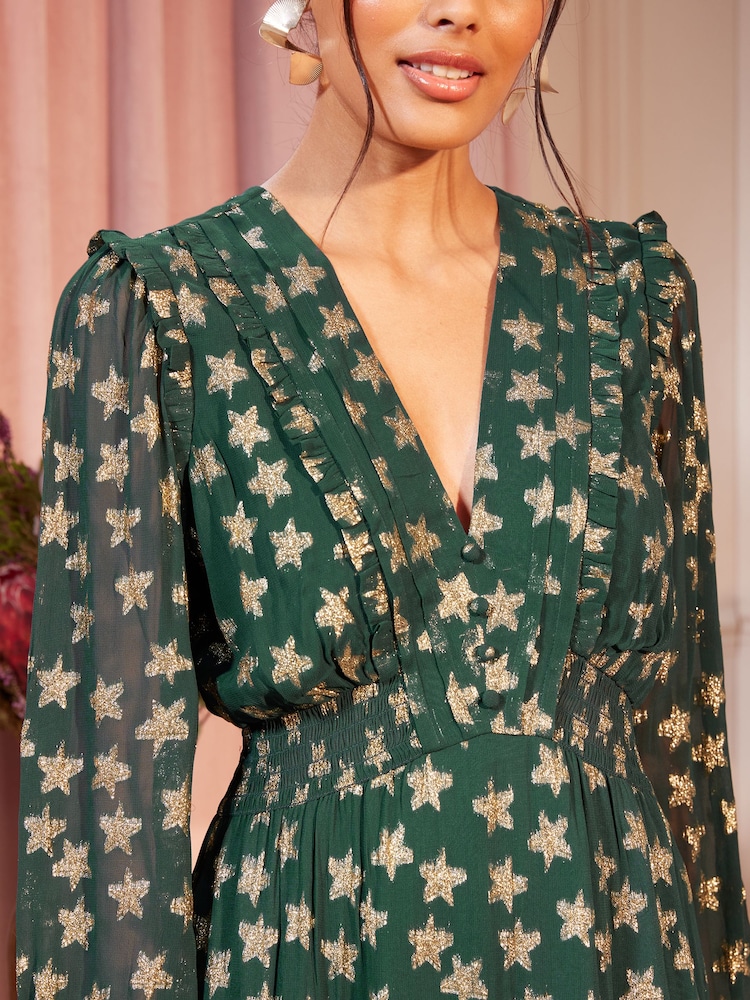 Love & Roses Green Star Metallic V Neck Ruffle Long Sleeve Midi Summer Dress - Image 3 of 4