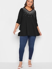 Yours Curve Black Star Stud Embellished Top - Image 1 of 5