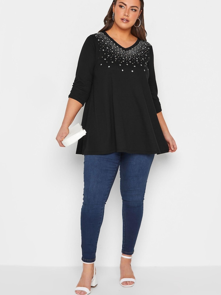 Yours Curve Black Star Stud Embellished Top - Image 1 of 5