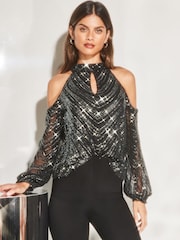 Lipsy Black silver sequin Cold Shoulder Long Sleeve Top - Image 1 of 4