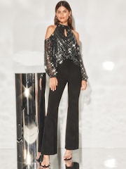 Lipsy Black silver sequin Cold Shoulder Long Sleeve Top - Image 3 of 4