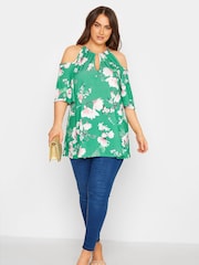 Yours Curve Green London Chain Cold Shoulder Floral Top - Image 2 of 4