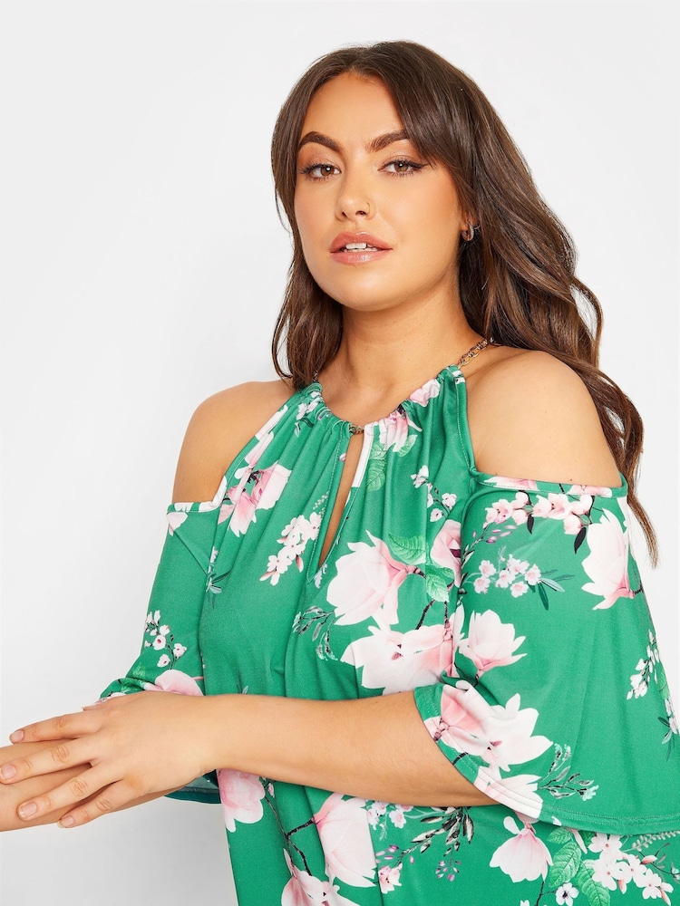 Yours Curve Green London Chain Cold Shoulder Floral Top - Image 4 of 4