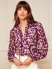 Love & Roses Berry Red Red Animal Ruffle Neck Lace Trim Long Sleeve Button Through Blouse - Image 1 of 4