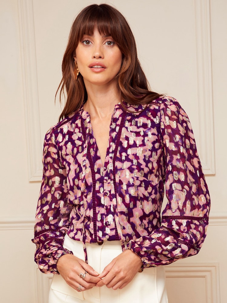 Love & Roses Berry Red Red Animal Ruffle Neck Lace Trim Long Sleeve Button Through Blouse - Image 1 of 4 Love & Roses Berry Red Red Animal Ruffle Neck Lace Trim Long Sleeve Button Through Blouse - Image 1 of 4