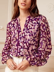Love & Roses Berry Red Red Animal Ruffle Neck Lace Trim Long Sleeve Button Through Blouse - Image 2 of 4