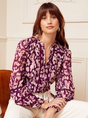 Love & Roses Berry Red Red Animal Ruffle Neck Lace Trim Long Sleeve Button Through Blouse - Image 4 of 4