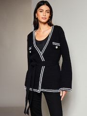 Lipsy Black Long Sleeve V Neck Belted Trim Detail  Cardigan - Image 1 of 4