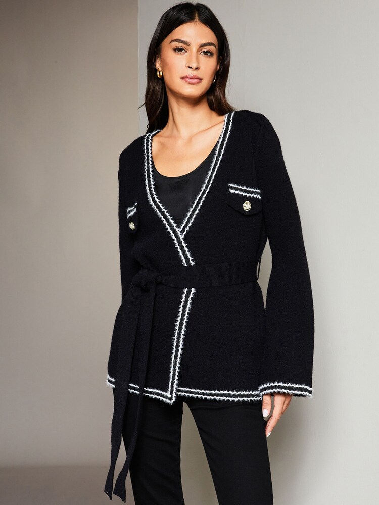 Lipsy Black Long Sleeve V Neck Belted Trim Detail  Cardigan - Image 1 of 4