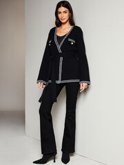 Lipsy Black Long Sleeve V Neck Belted Trim Detail  Cardigan - Image 3 of 4