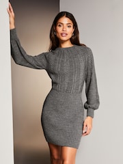 Lipsy Grey Blouson Sleeve Cable Knitted Crew Neck Jumper Dress - Image 1 of 4