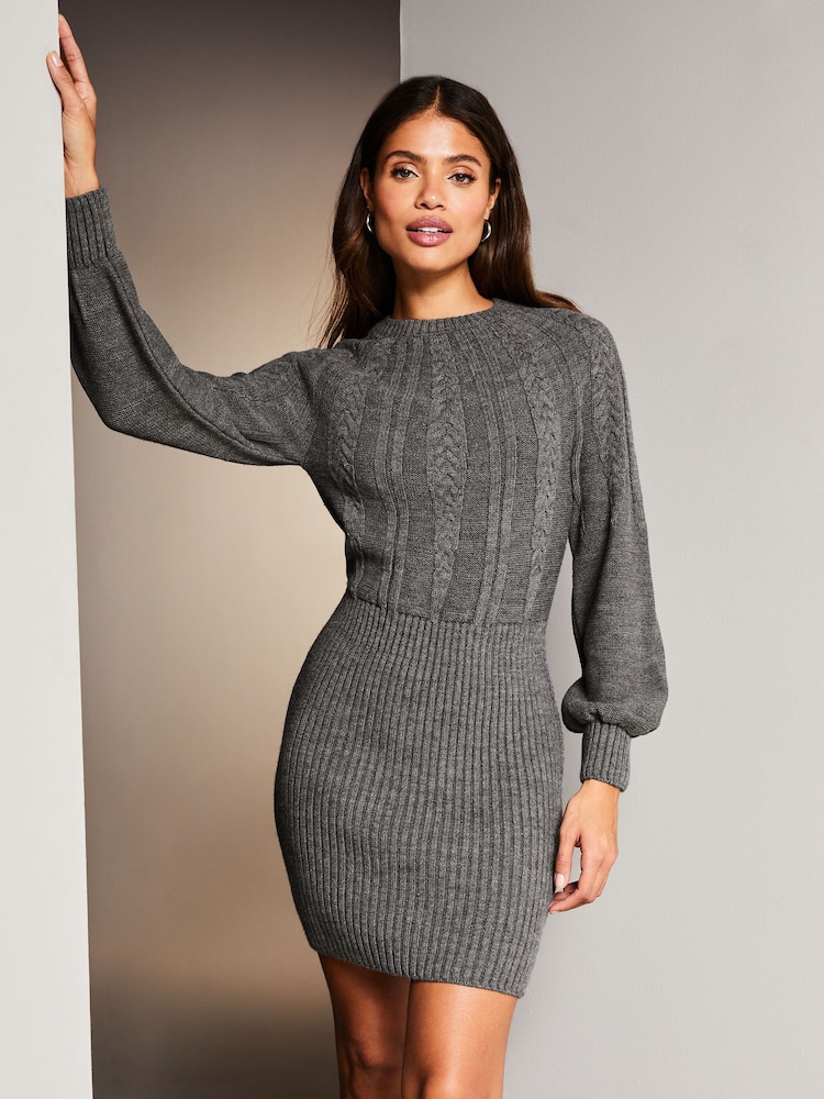 Lipsy Grey Blouson Sleeve Cable Knitted Crew Neck Jumper Dress - Image 1 of 4