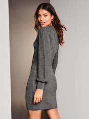 Lipsy Grey Blouson Sleeve Cable Knitted Crew Neck Jumper Dress - Image 3 of 4
