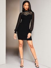 Lipsy Black 2 in 1 Long Sleeve Lace Yoke Mini Dress - Image 1 of 3